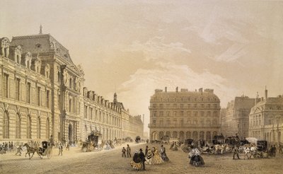 Uitzicht op de gevel van het Louvre, de Rue de Rivoli en het Palais Royal, 1855 door Louis Jules Arnout